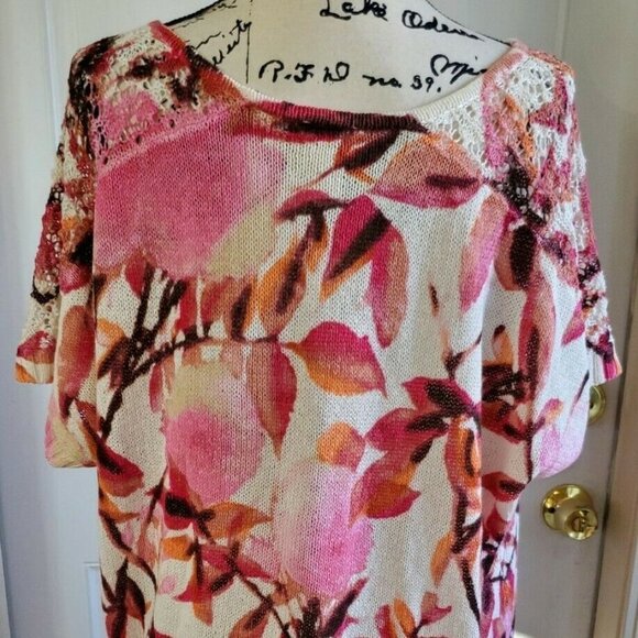 Chicos Pink Floral Cherry Blossom Print Netting Spring Summer Blouse Top Size 2 - Picture 11 of 13